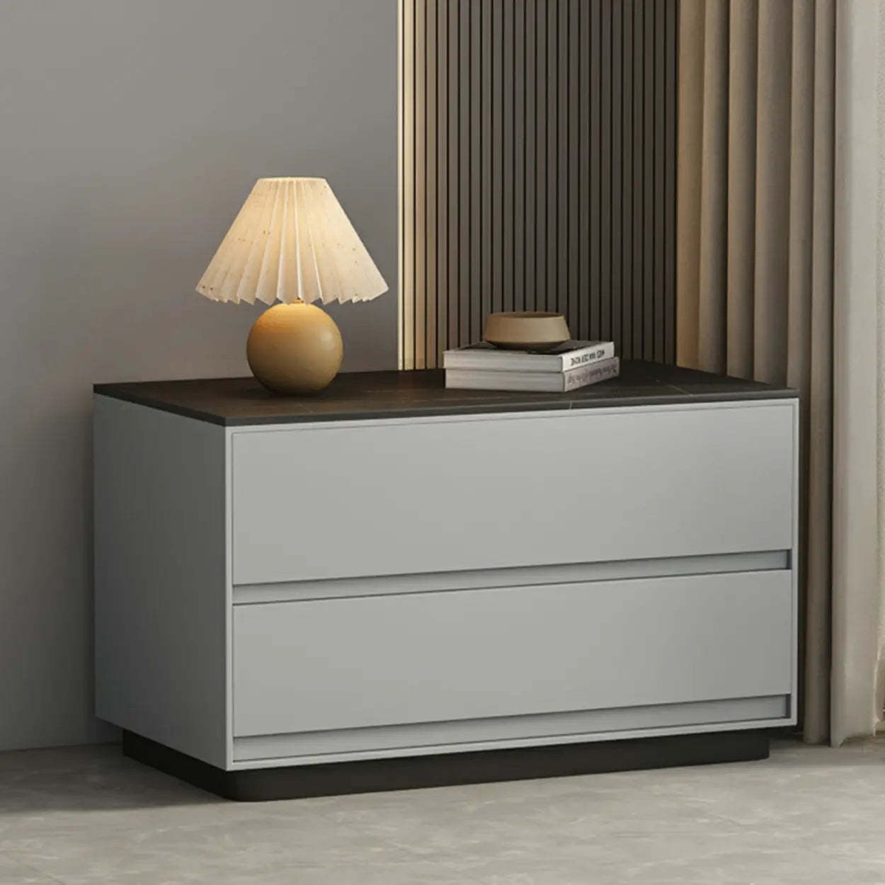 Modern Rectangular Gray Wood Nightstand with Drawers — White