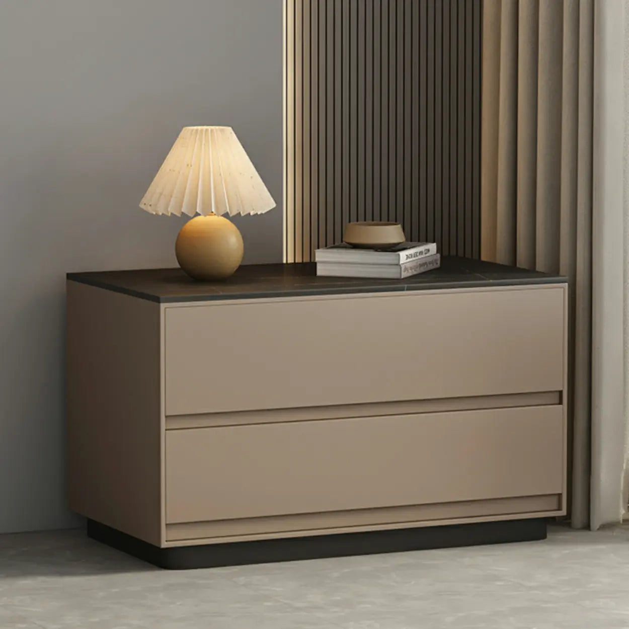 Modern Rectangular Gray Wood Nightstand with Drawers — Avocado Green