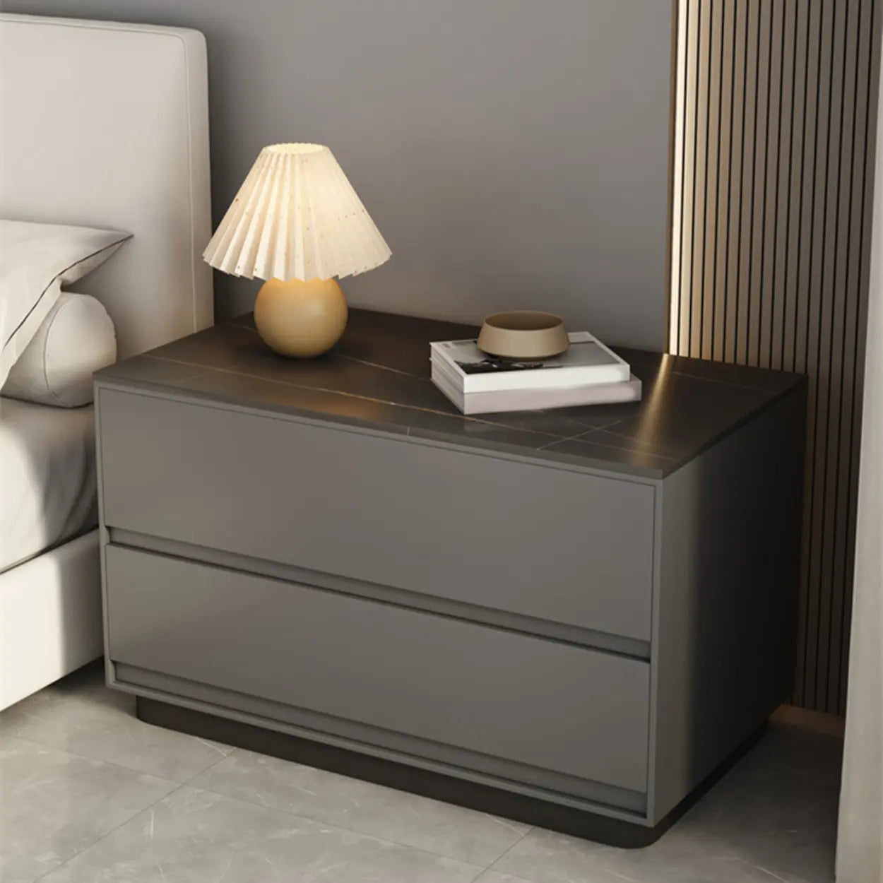 Modern Rectangular Gray Wood Nightstand with Drawers — Beige