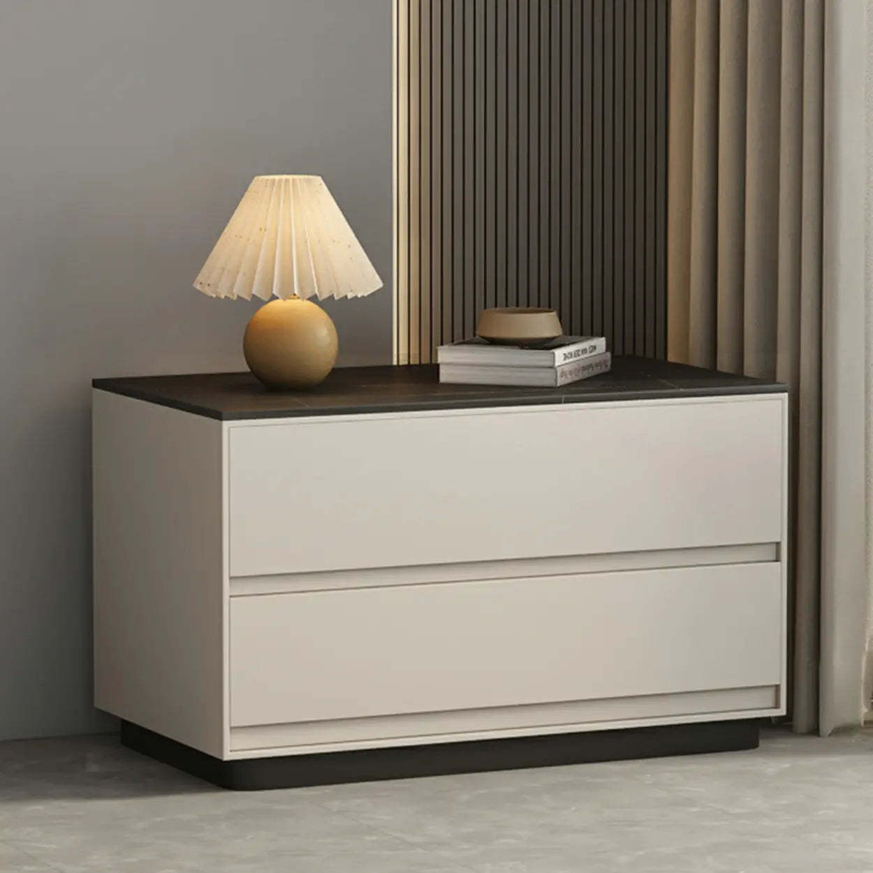 Modern Rectangular Gray Wood Nightstand with Drawers — Avocado Green