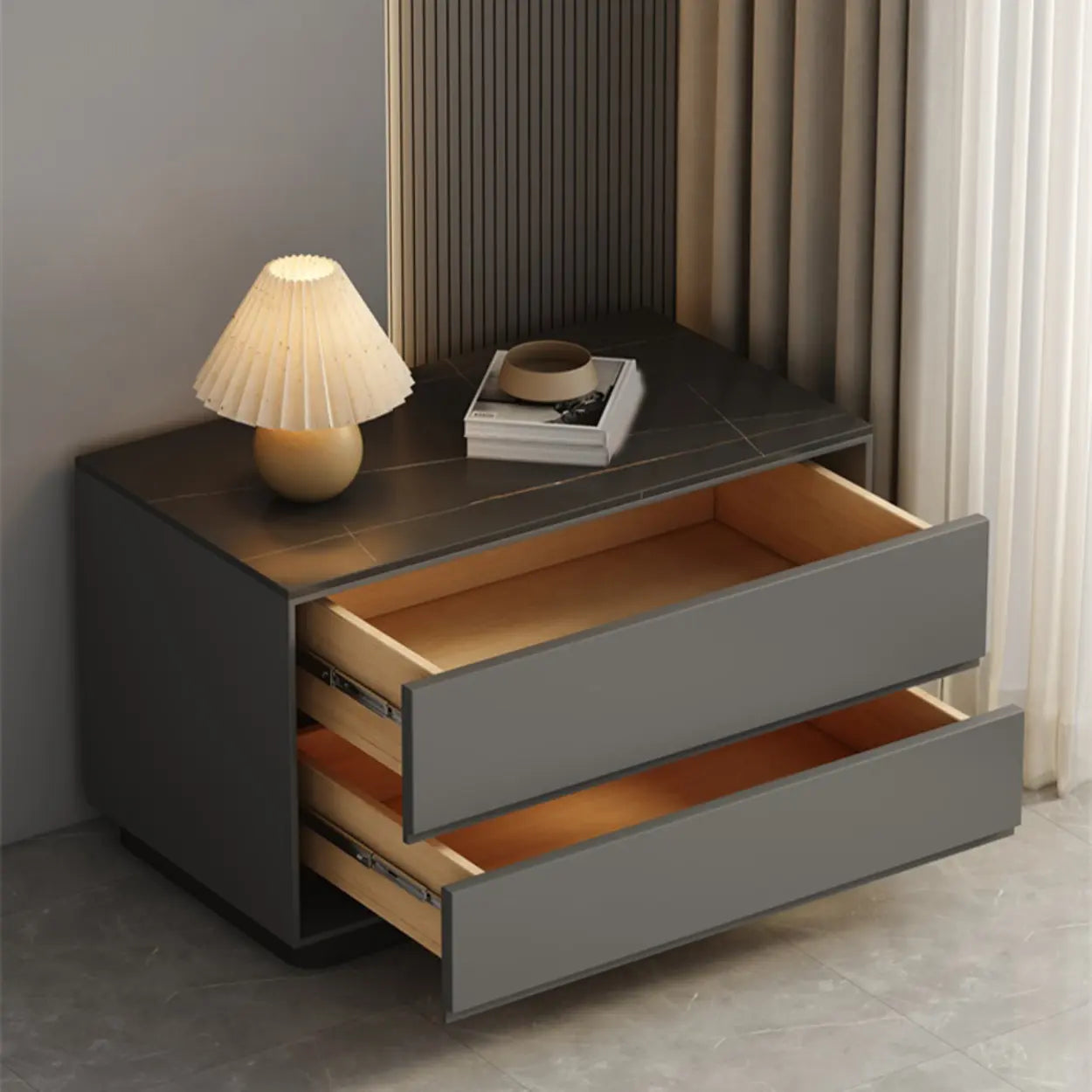Modern Rectangular Gray Wood Nightstand with Drawers — Dark Coffee