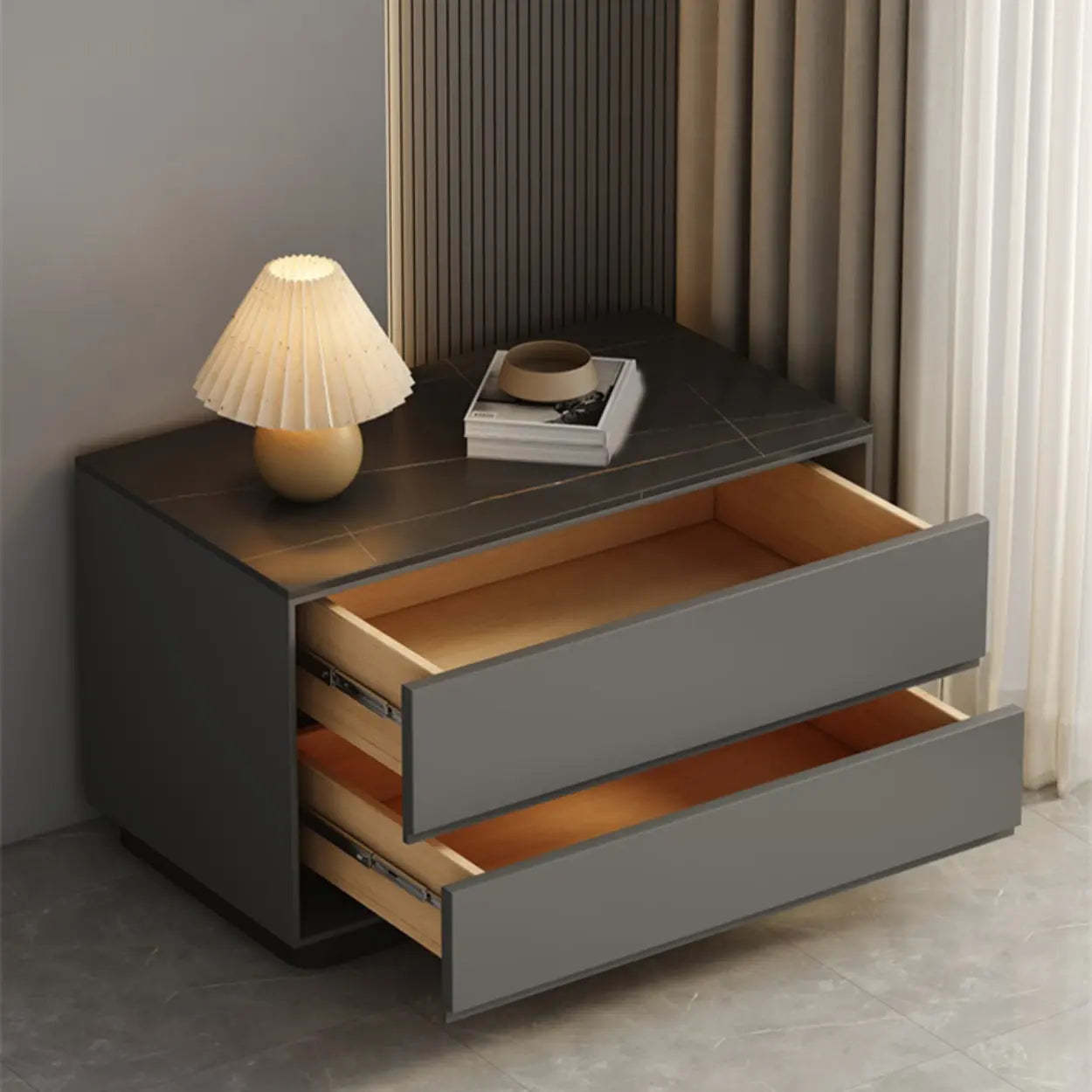 Modern Rectangular Gray Wood Nightstand with Drawers — Dark Coffee