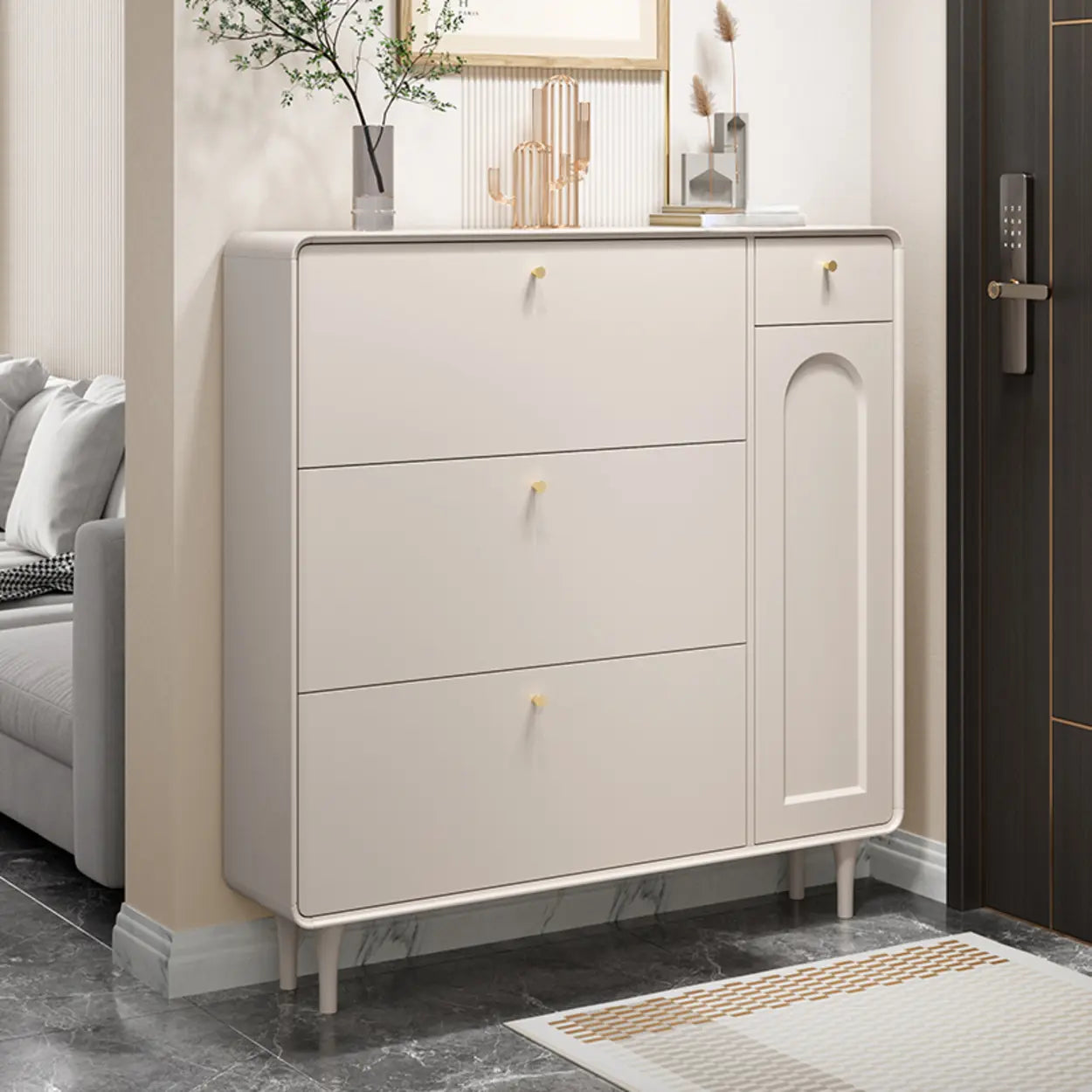 Modern Cream Wood Hallway Shoe Cabinet — Cabinet Included
