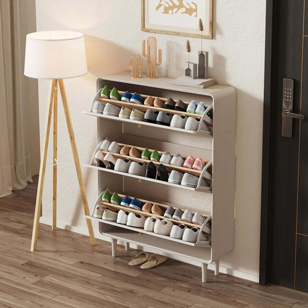Modern Cream Wood Hallway Shoe Cabinet — Cabinet Included