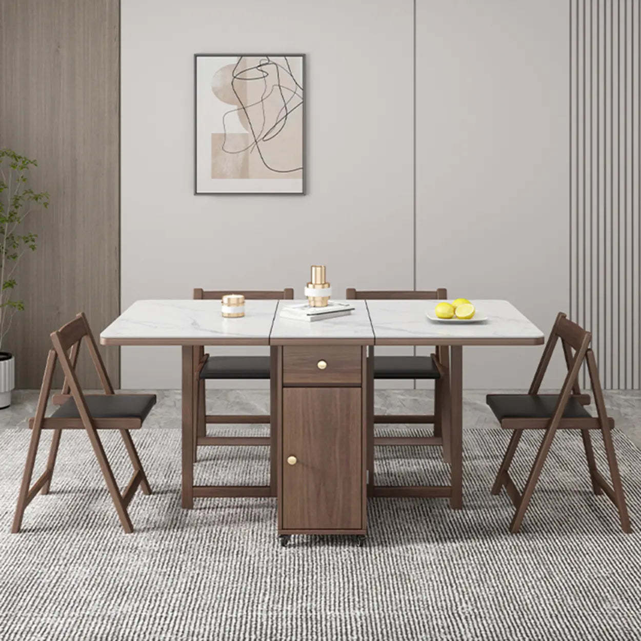 Modern White Wood Marble Storage Dining Table — Gray / Table Only