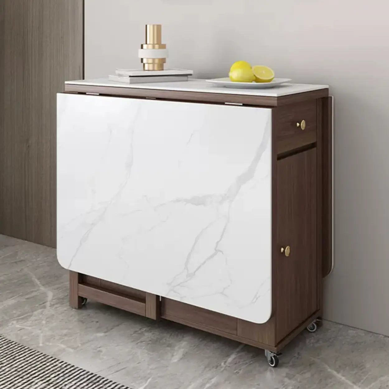 Modern White Wood Marble Storage Dining Table — Brown / Table Only