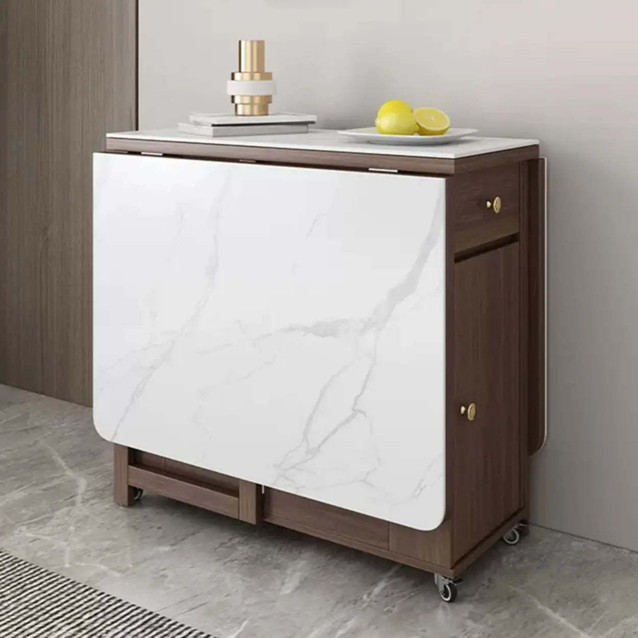 Modern White Wood Marble Storage Dining Table — Brown / Table Only