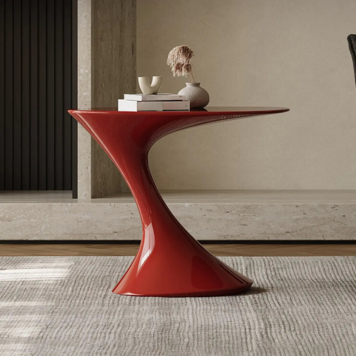 Modern Red Oval Sculpted Pedestal Side Table — Black