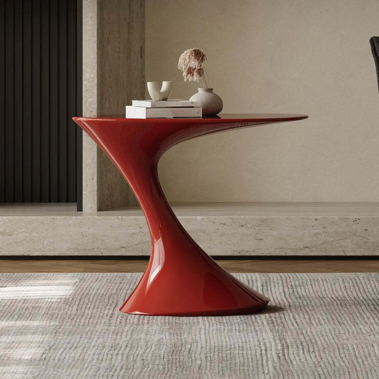 Modern Red Oval Sculpted Pedestal Side Table — Black