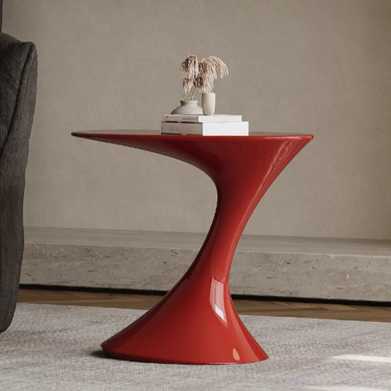 Modern Red Oval Sculpted Pedestal Side Table
