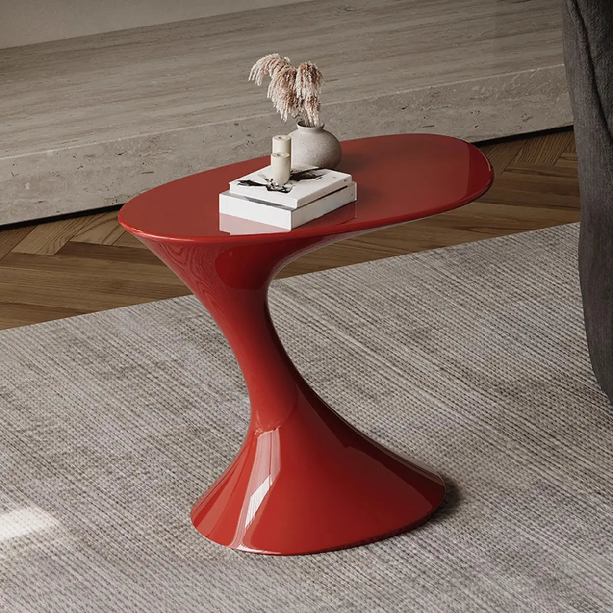 Modern Red Oval Sculpted Pedestal Side Table
