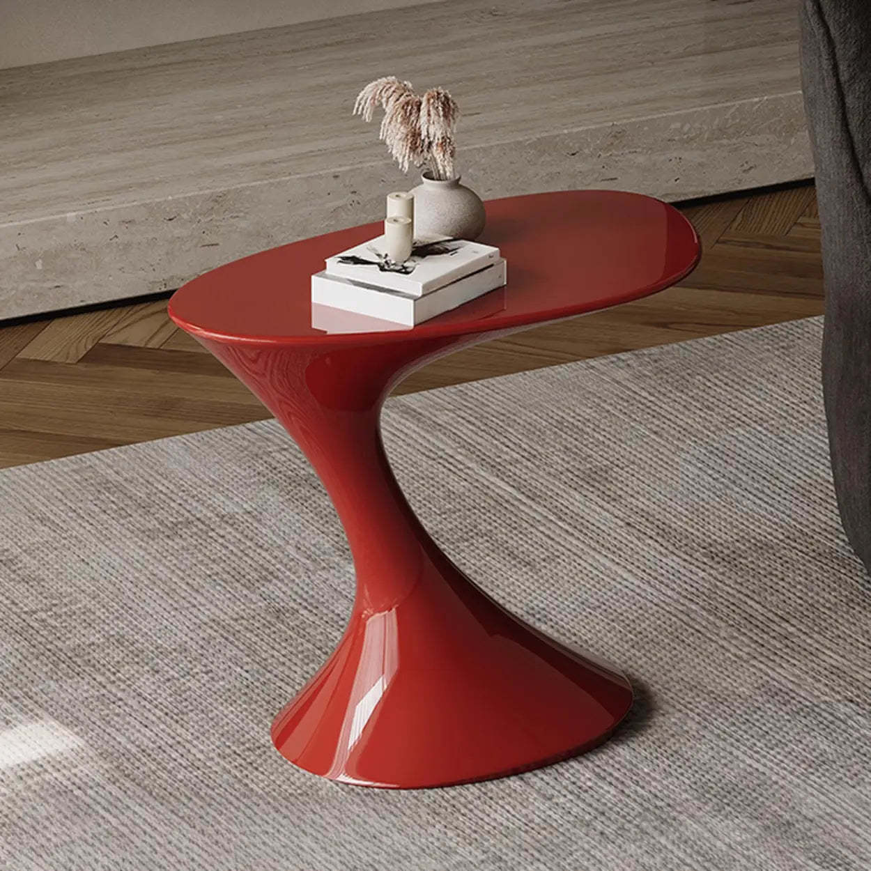 Modern Red Oval Sculpted Pedestal Side Table