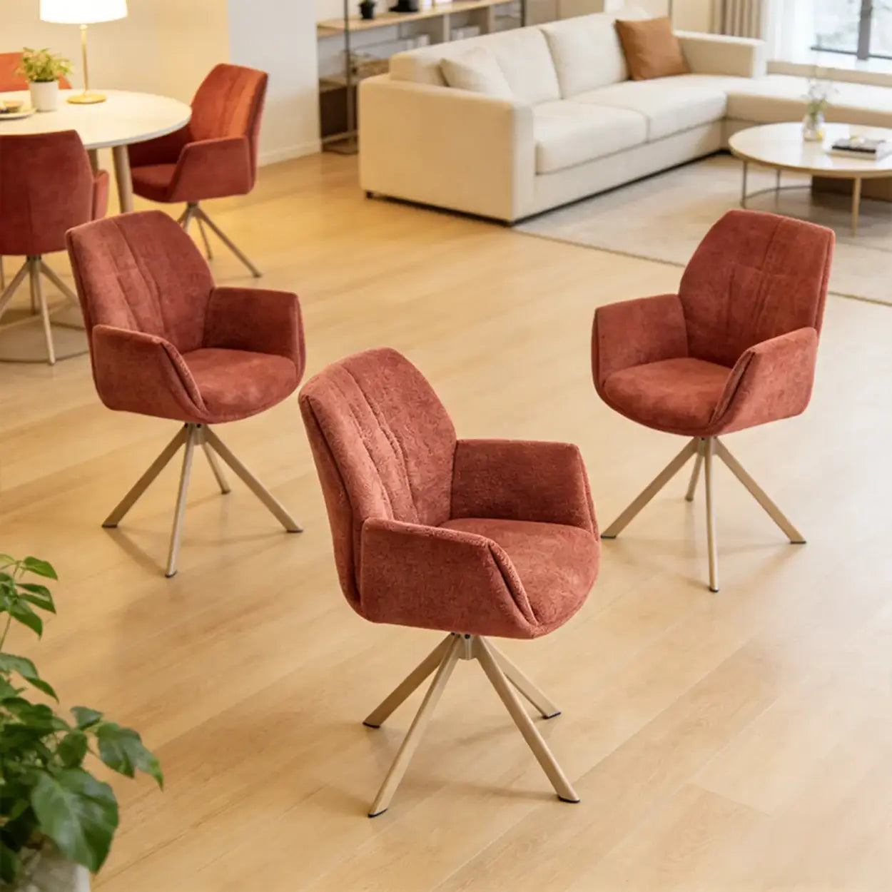 Modern Red Curved-Back Swivel Dining Arm Chair — Red