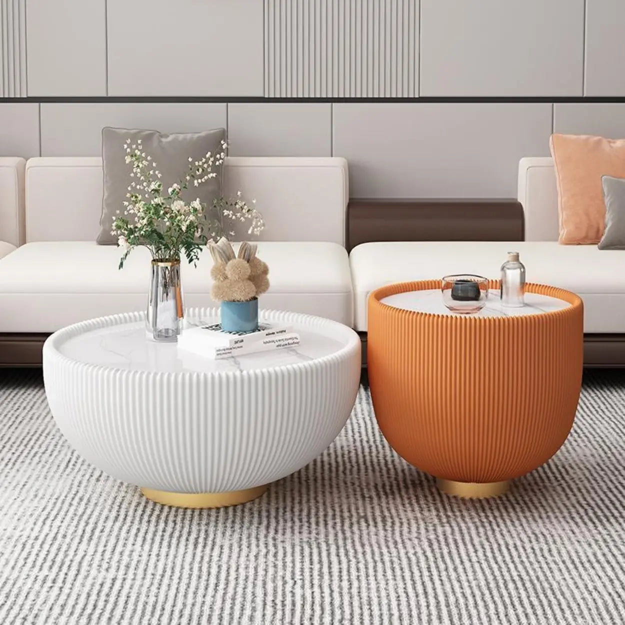 Modern Ribbed Round Coffee Table Set