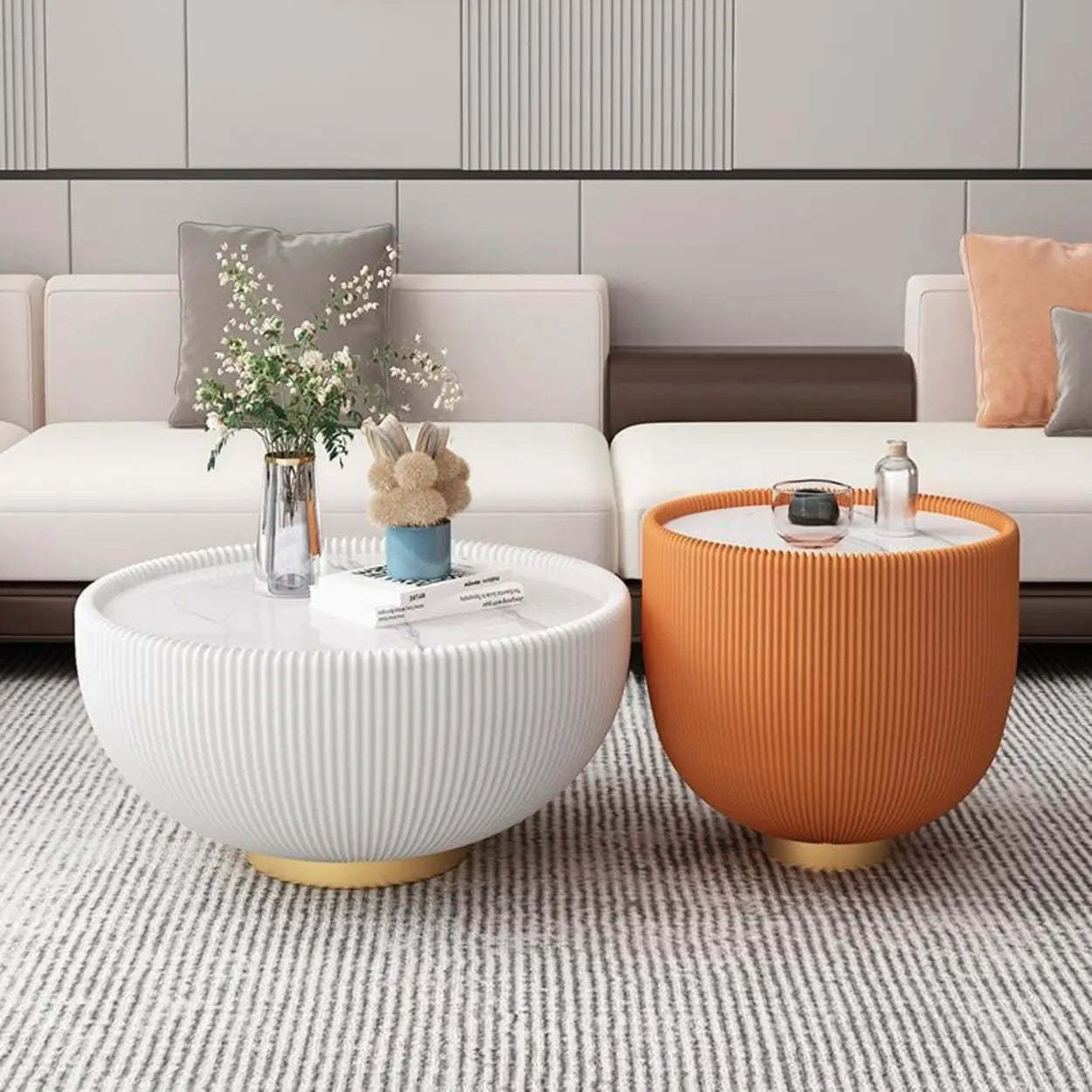 Modern Ribbed Round Coffee Table Set — Black