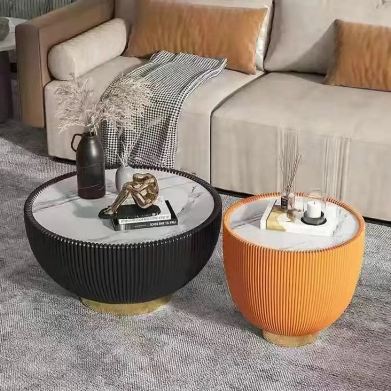 Modern Ribbed Round Coffee Table Set — Black