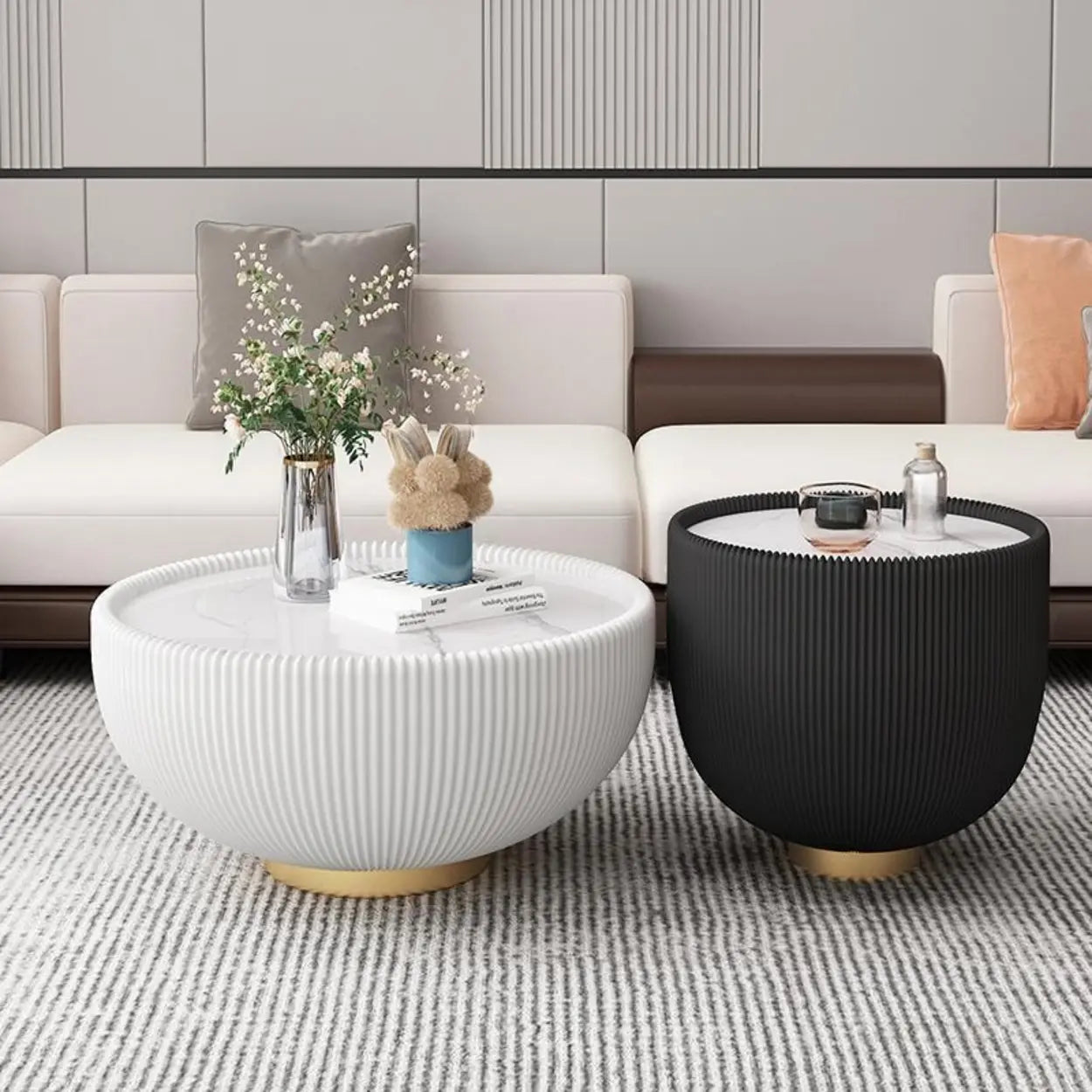 Modern Ribbed Round Coffee Table Set — White