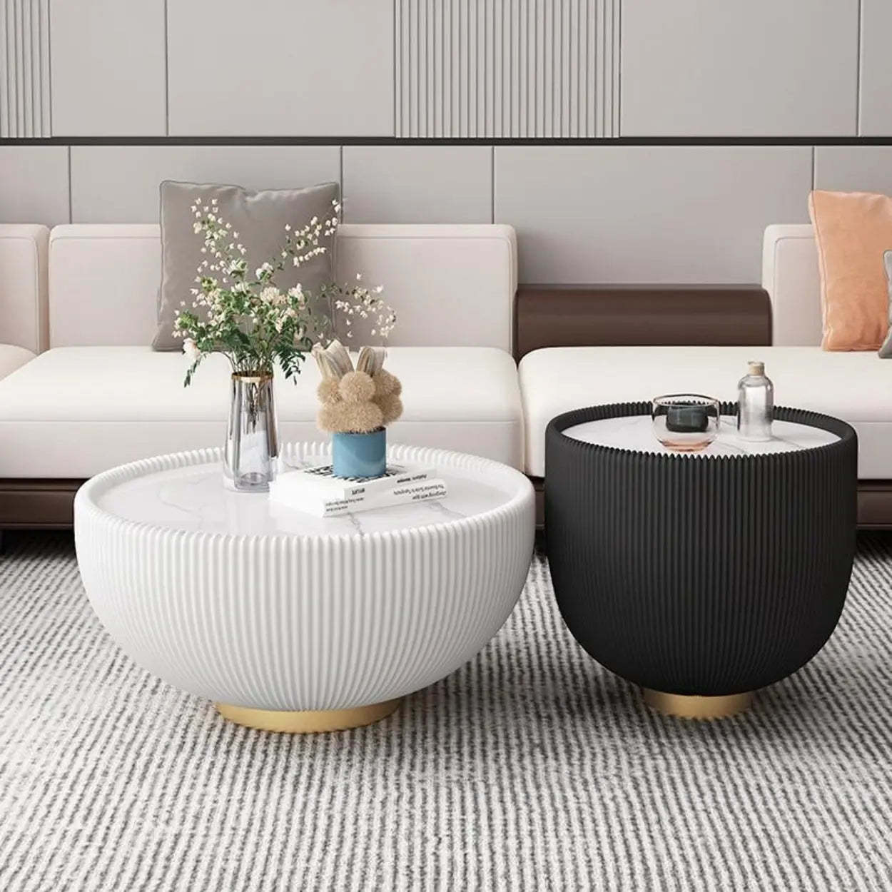 Modern Ribbed Round Coffee Table Set — White