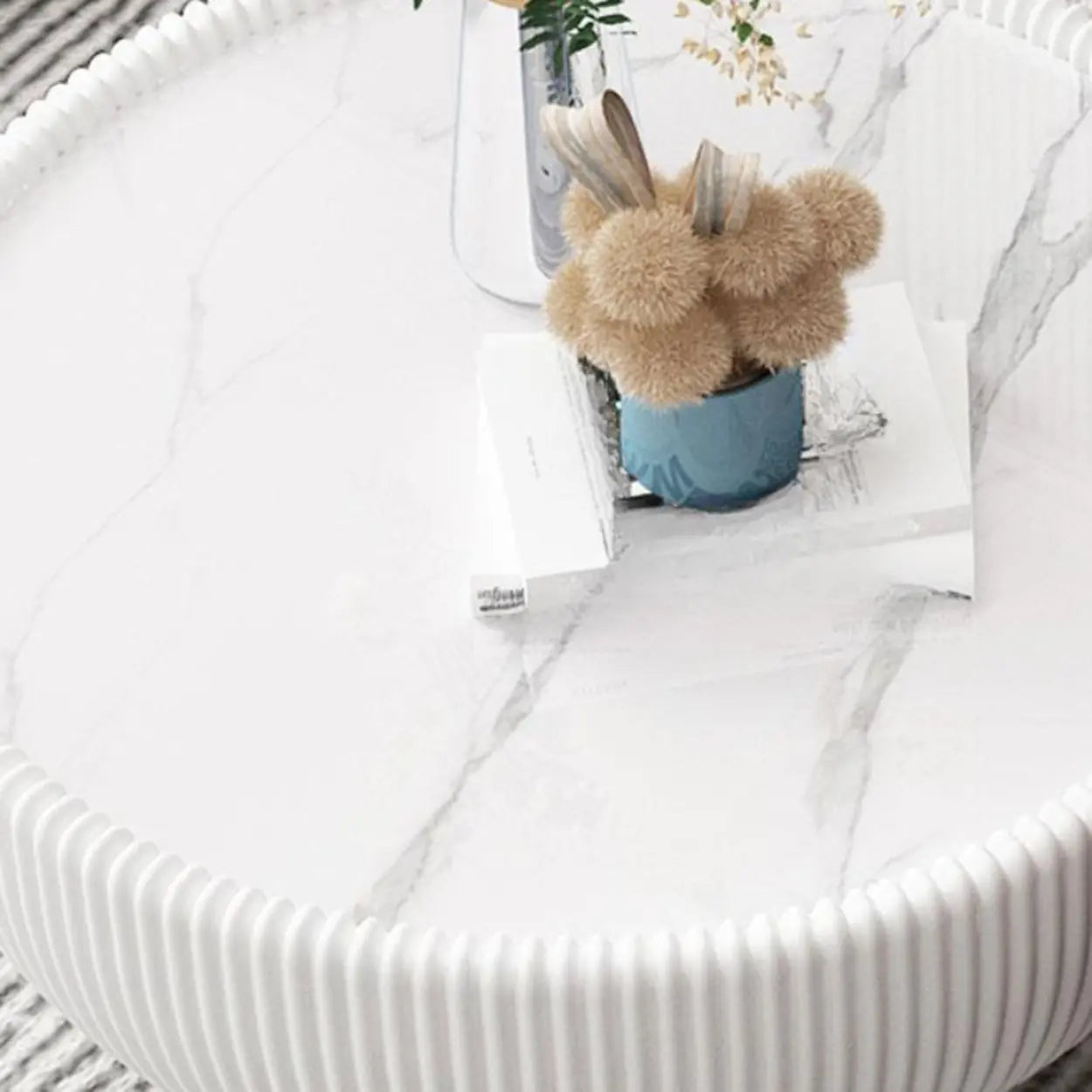 Modern Ribbed Round Coffee Table Set — White/Orange