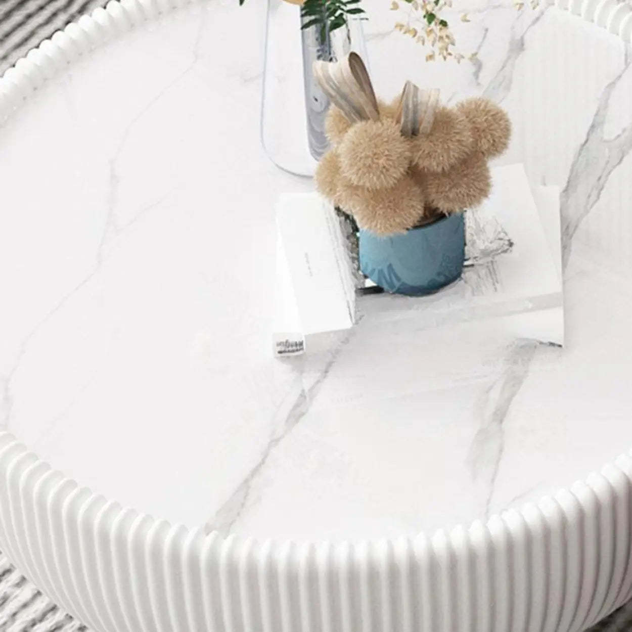 Modern Ribbed Round Coffee Table Set — White/Orange