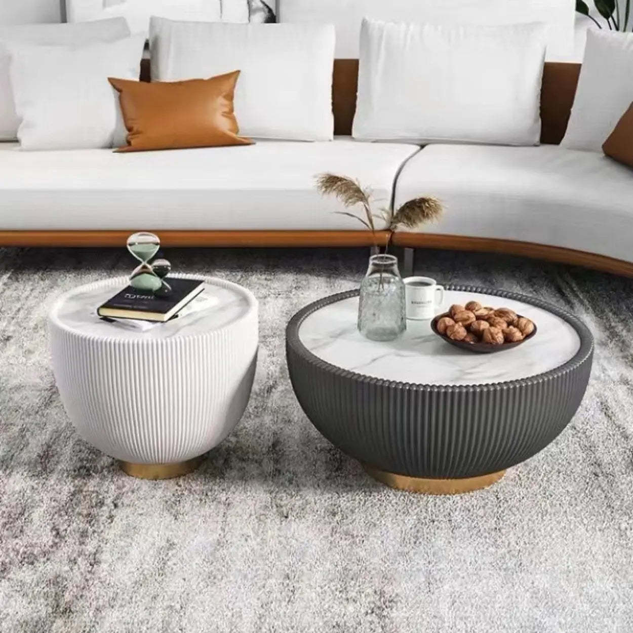Modern Ribbed Round Coffee Table Set — Orange