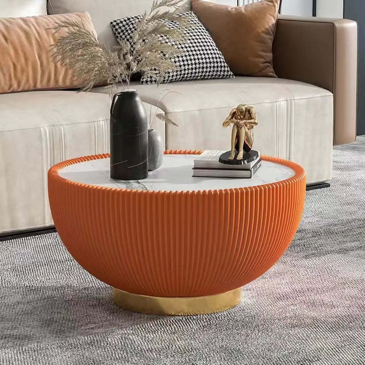 Modern Ribbed Round Coffee Table Set — Black/ White