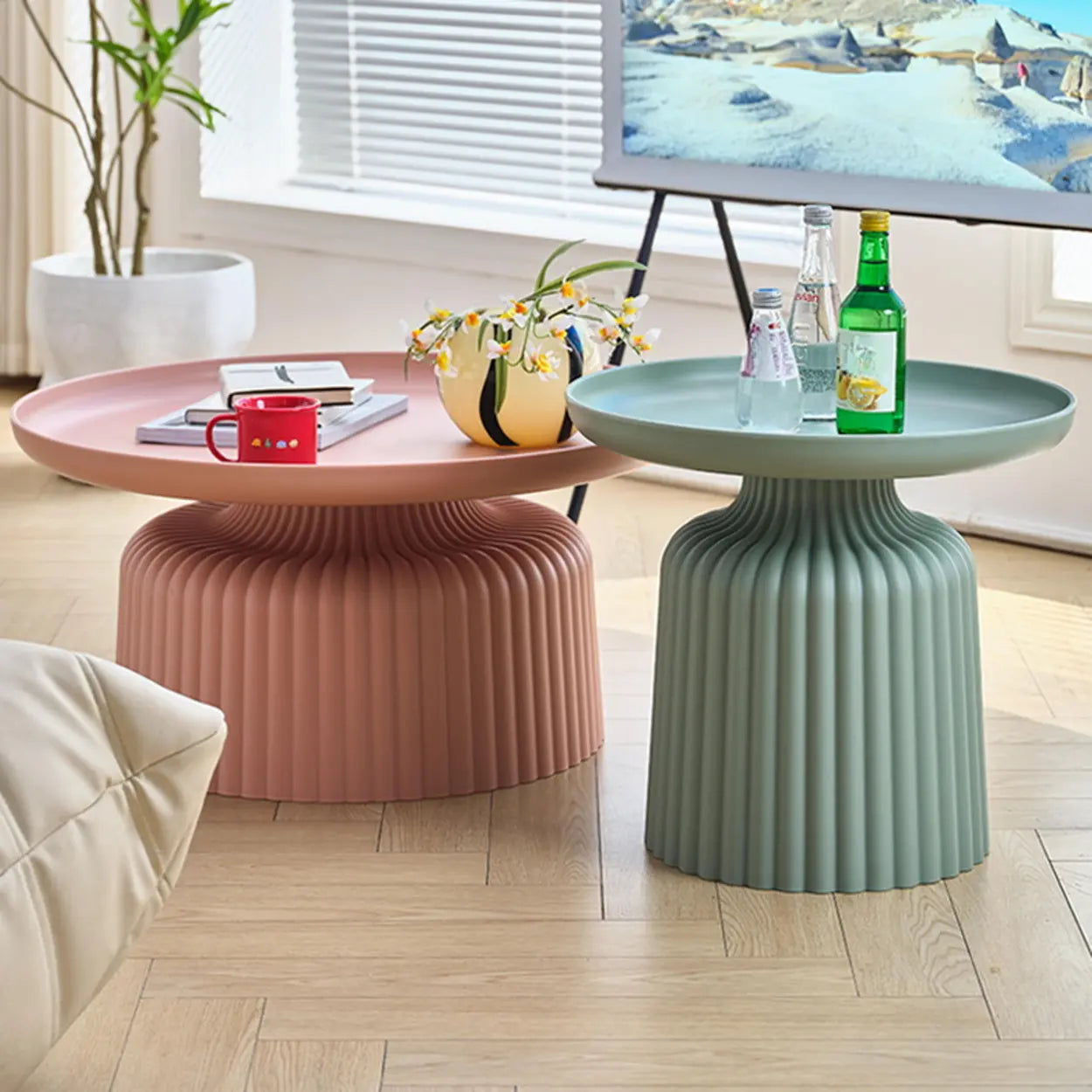 Modern Ribbed Side and Coffee Table Set — White