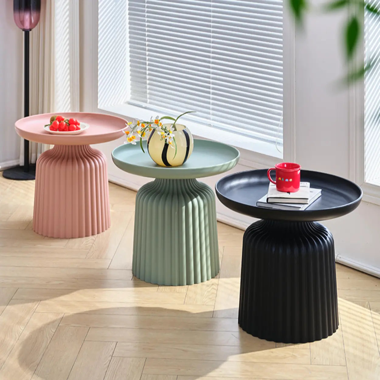 Modern Ribbed Side and Coffee Table Set — Red