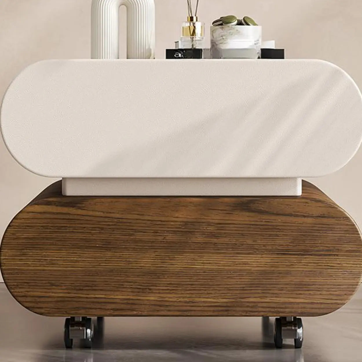 Modern White Wood Rolling Caster Nightstand