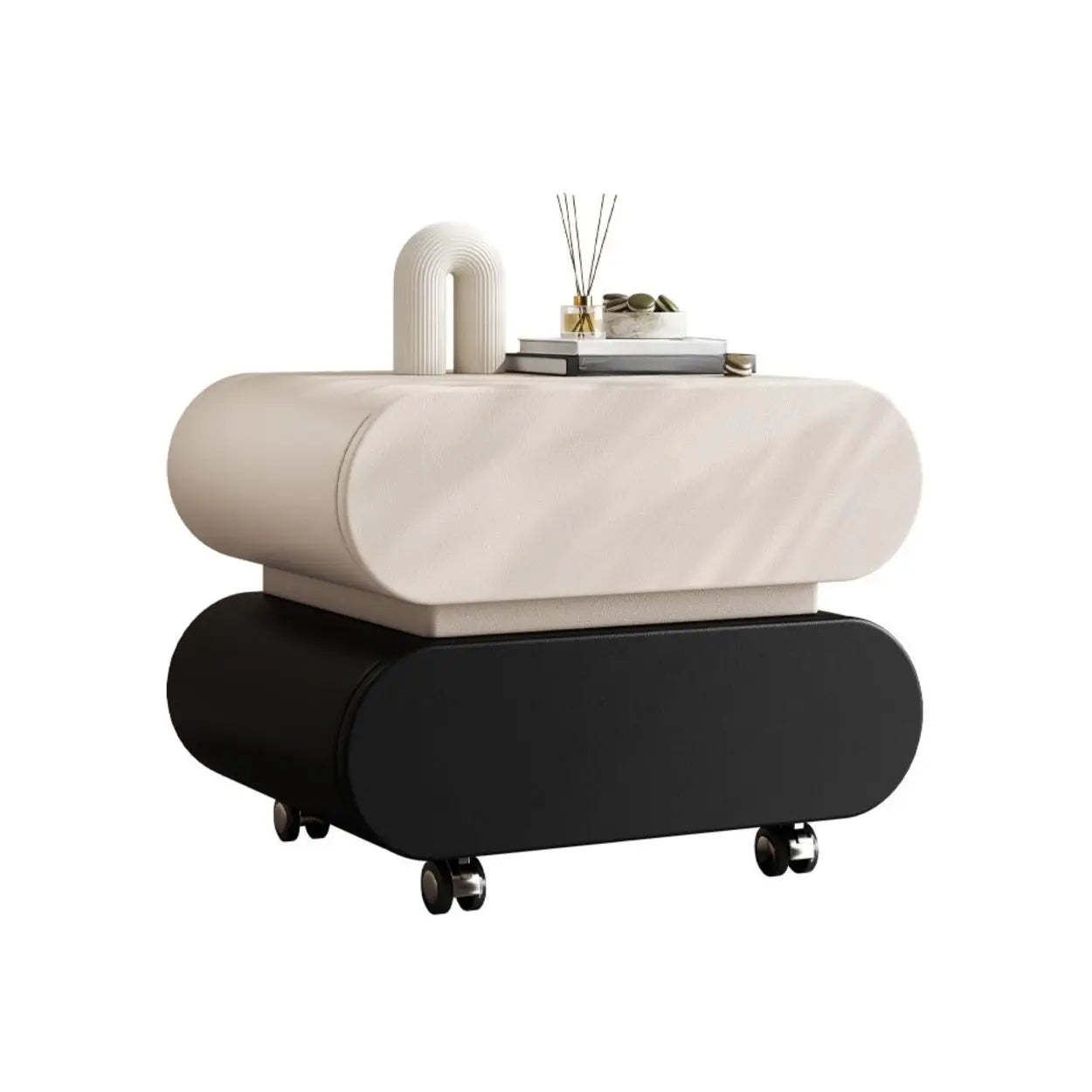 Modern White Wood Rolling Caster Nightstand — Green