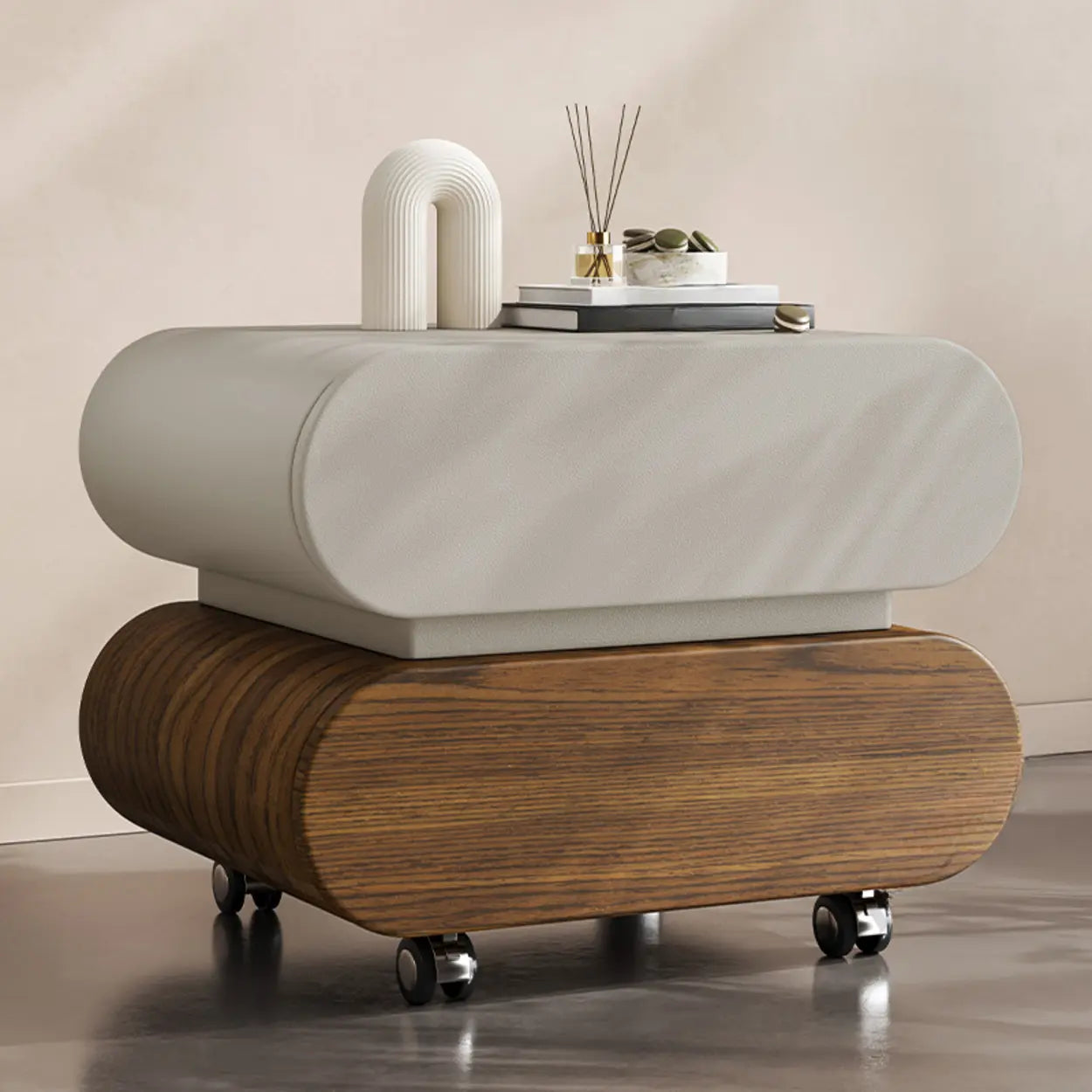 Modern White Wood Rolling Caster Nightstand — White-Black