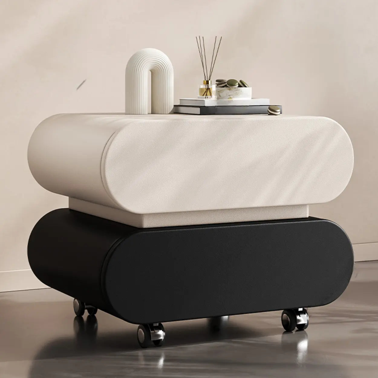 Modern White Wood Rolling Caster Nightstand — Beige/ Black