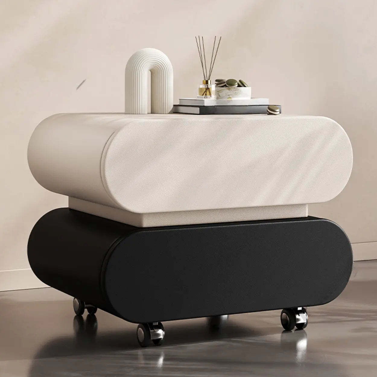 Modern White Wood Rolling Caster Nightstand — Beige/ Black