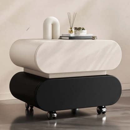 Modern White Wood Rolling Caster Nightstand — Beige/ Black