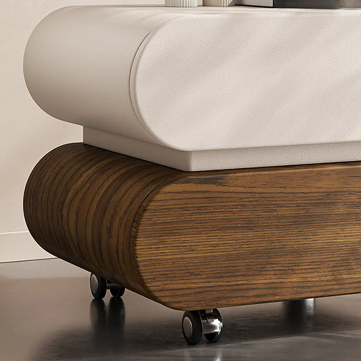 Modern White Wood Rolling Caster Nightstand — Beige/ Black