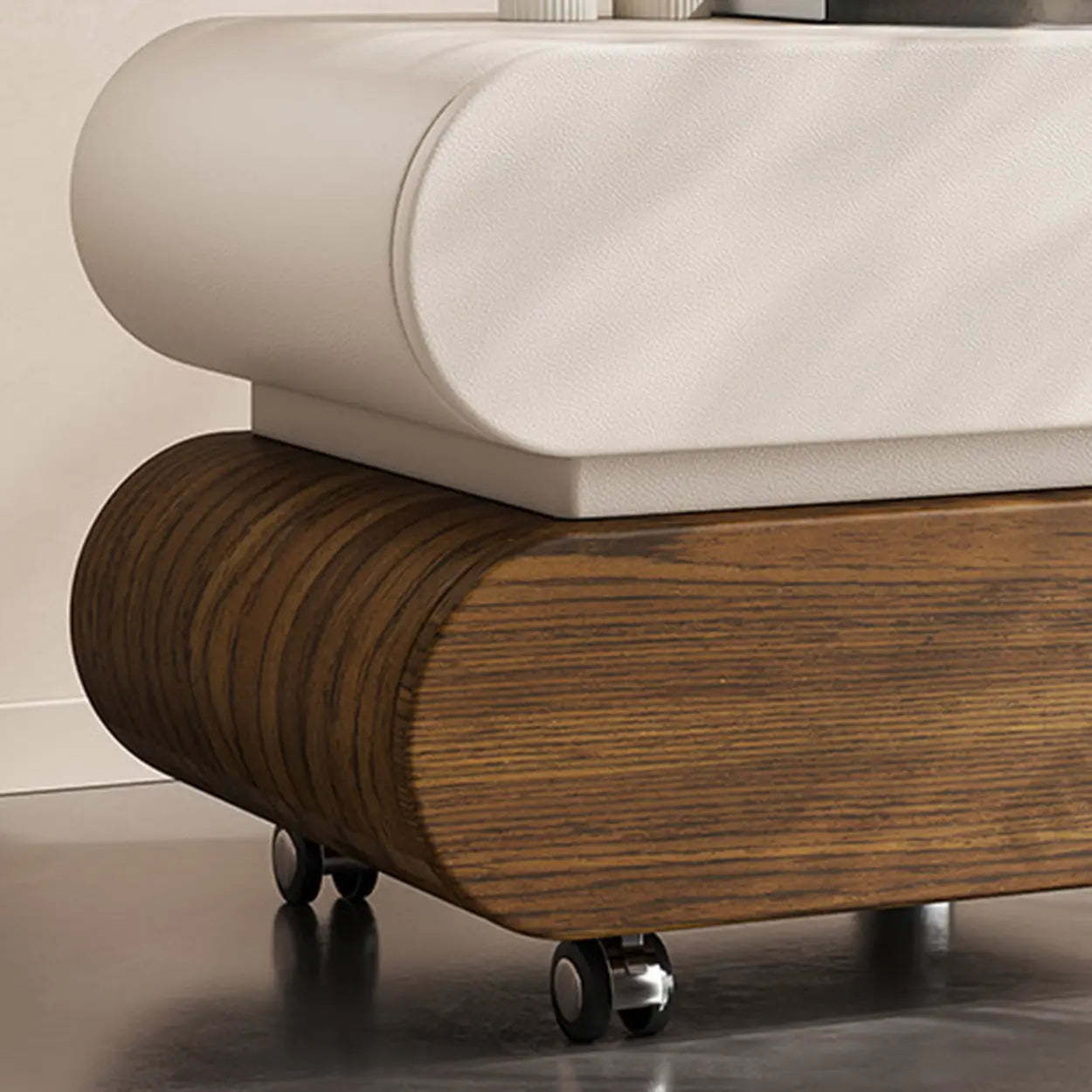 Modern White Wood Rolling Caster Nightstand — Beige/ Black