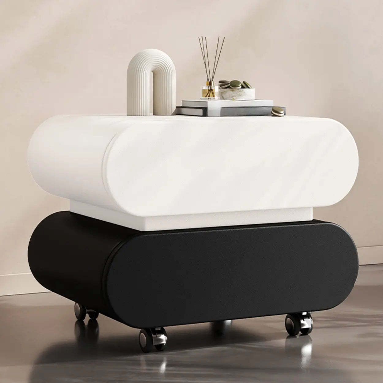 Modern White Wood Rolling Caster Nightstand — Khaki