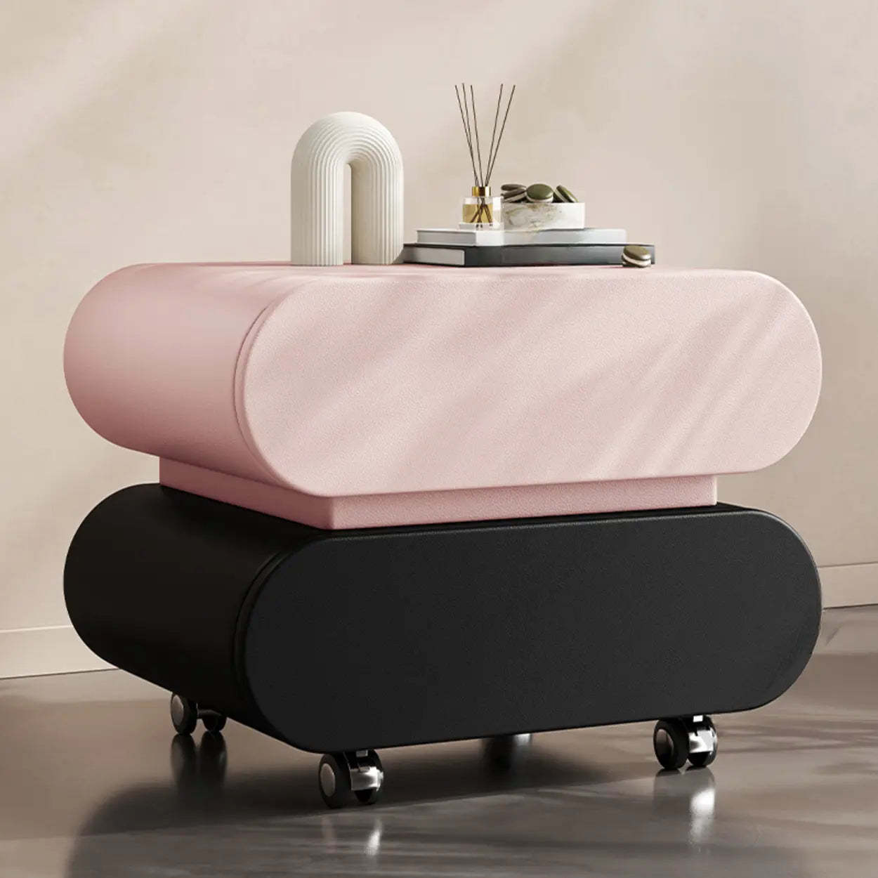 Modern White Wood Rolling Caster Nightstand — Light Gray-Black