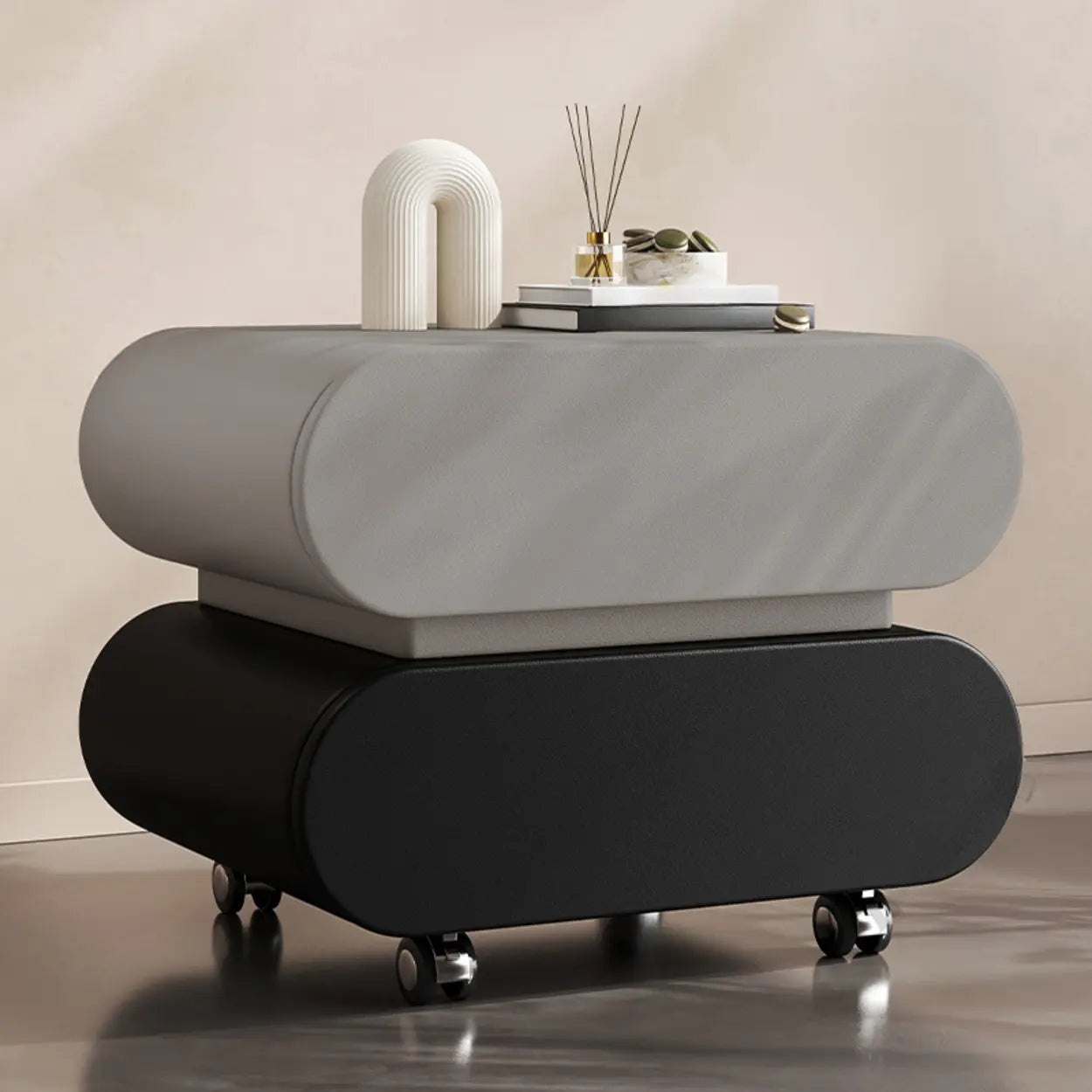 Modern White Wood Rolling Caster Nightstand — Light Gray-Black
