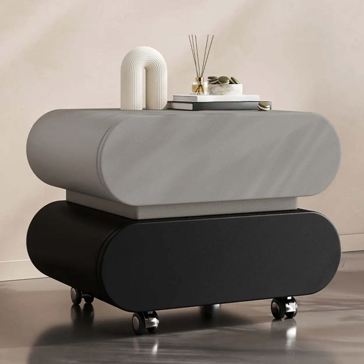 Modern White Wood Rolling Caster Nightstand — Light Gray-Black