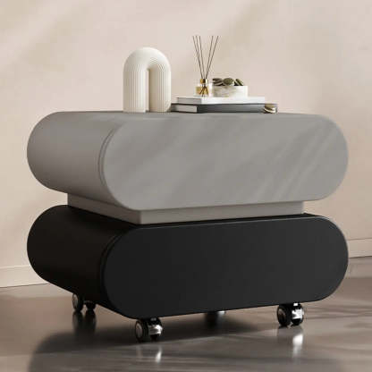 Modern White Wood Rolling Caster Nightstand — Light Gray-Black