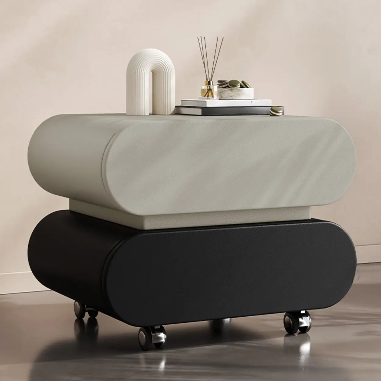 Modern White Wood Rolling Caster Nightstand — Pink/ Black