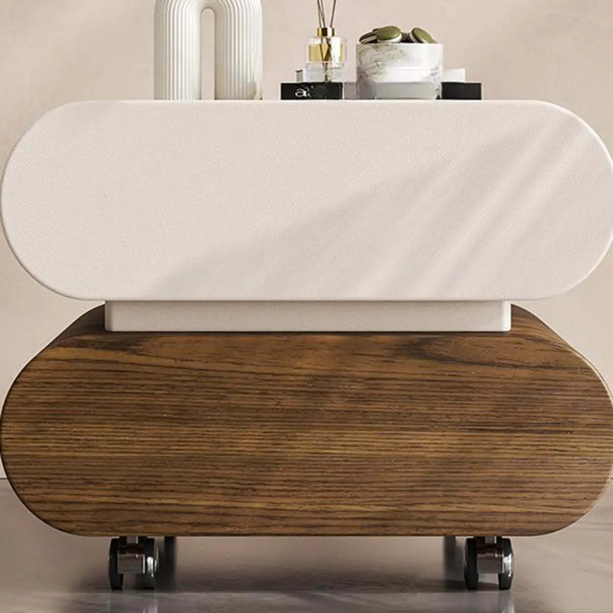 Modern White Wood Rolling Caster Nightstand — Black