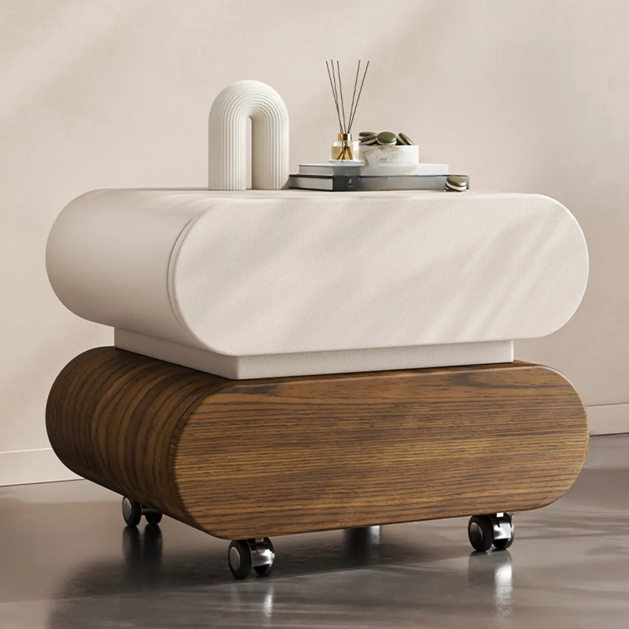 Modern White Wood Rolling Caster Nightstand — Black