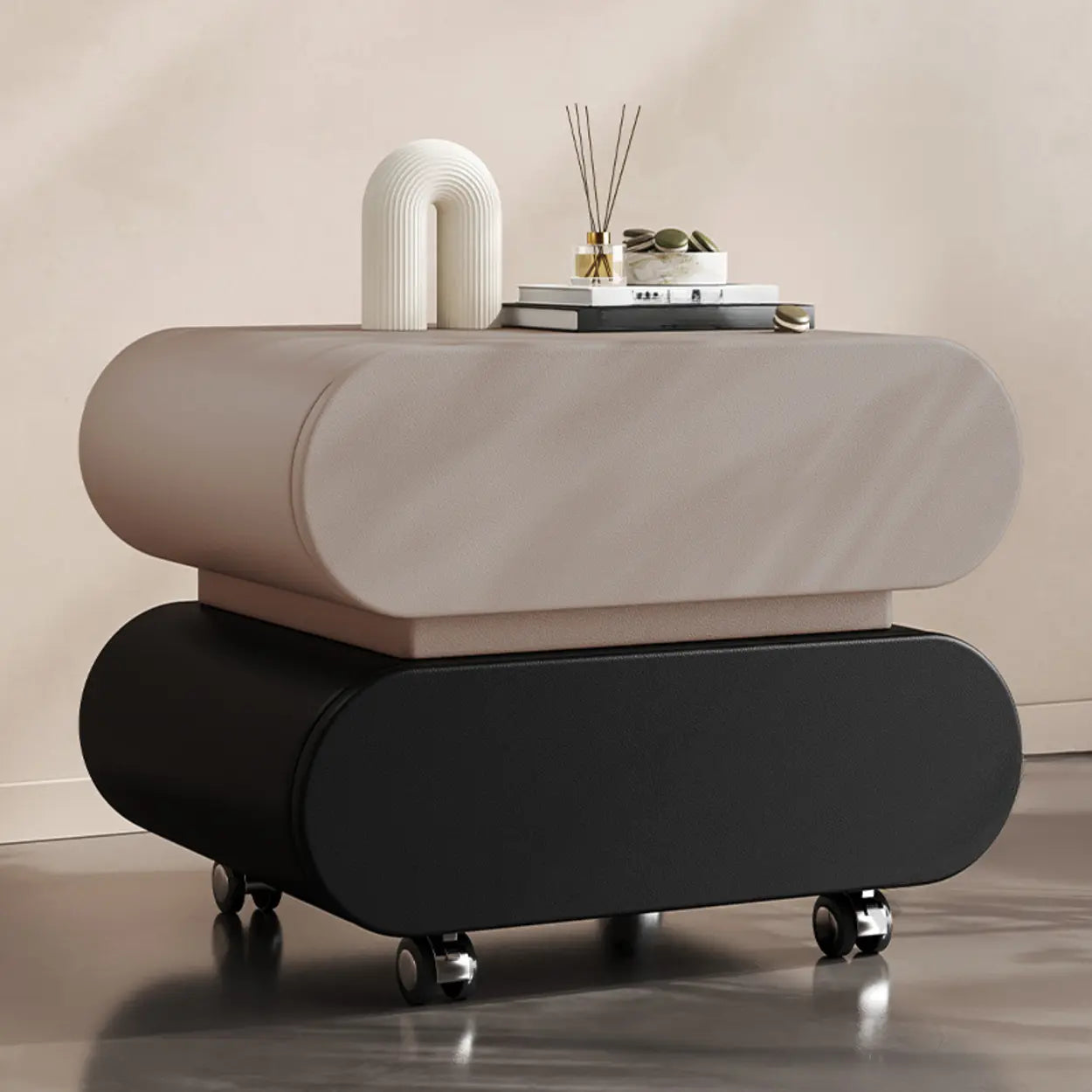 Modern White Wood Rolling Caster Nightstand — Pink/ Black