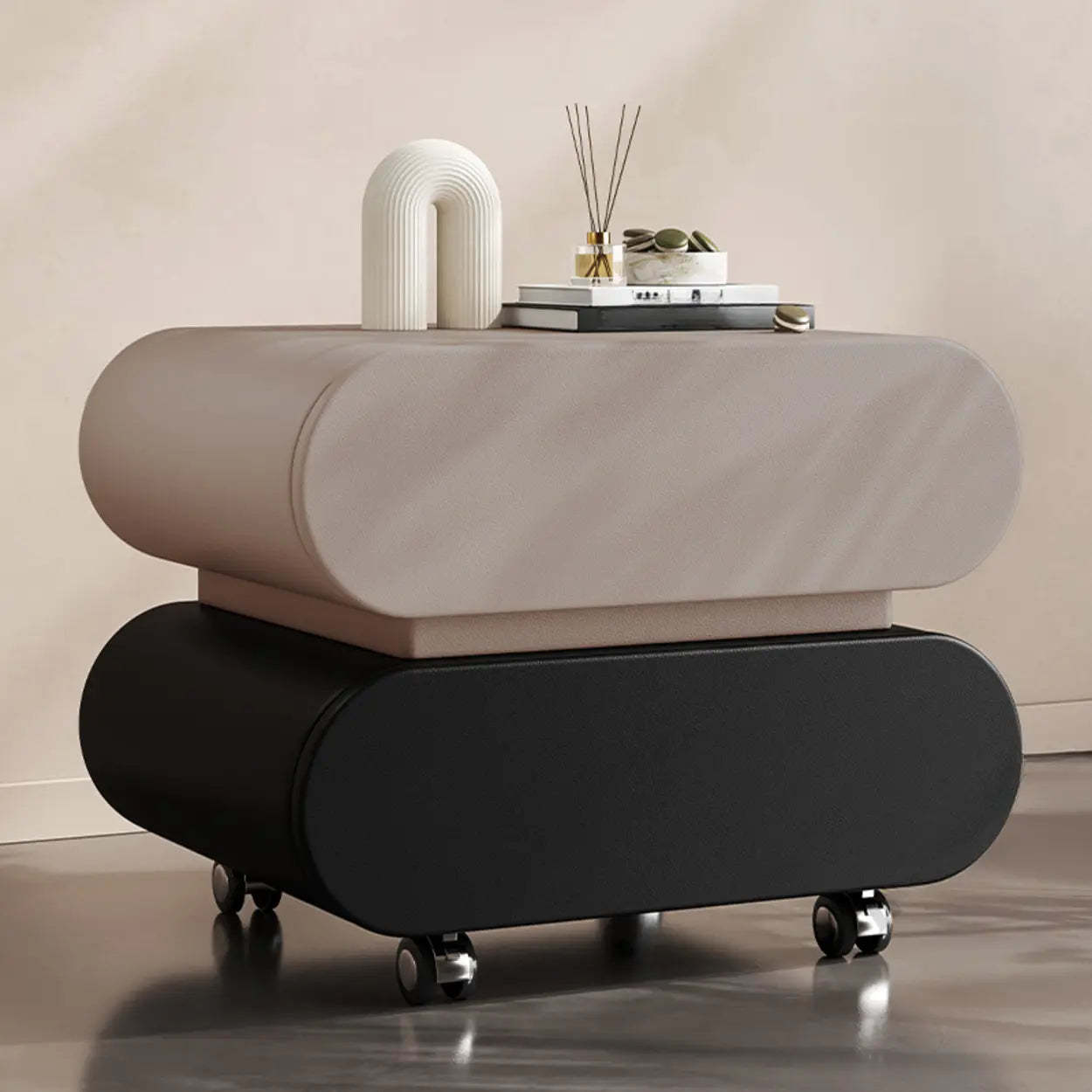 Modern White Wood Rolling Caster Nightstand — Pink/ Black