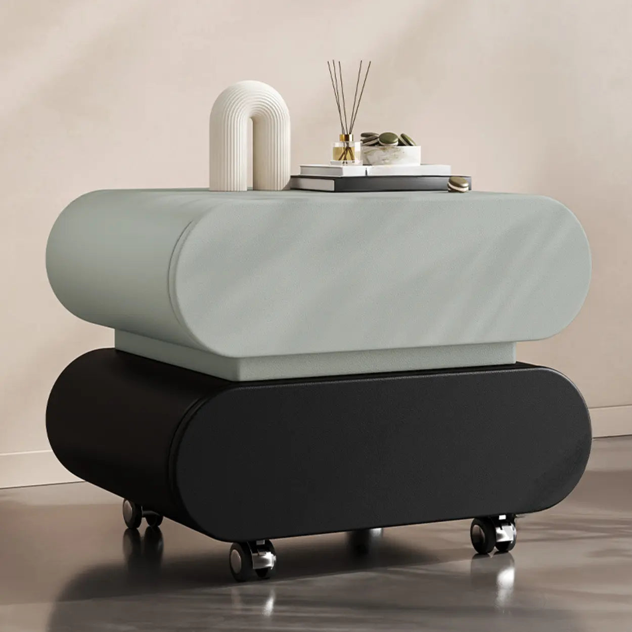 Modern White Wood Rolling Caster Nightstand — Green/ Black