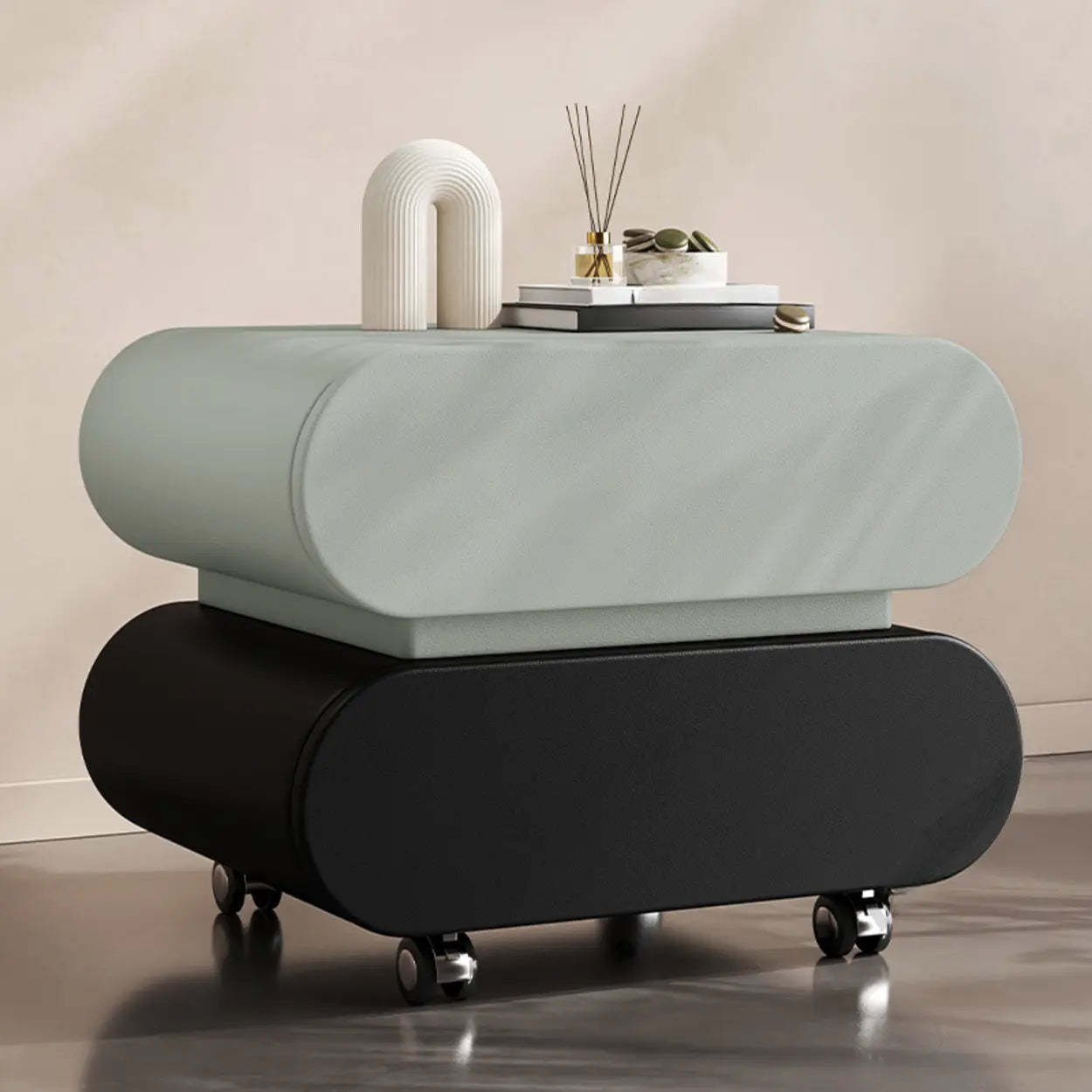 Modern White Wood Rolling Caster Nightstand — Green/ Black
