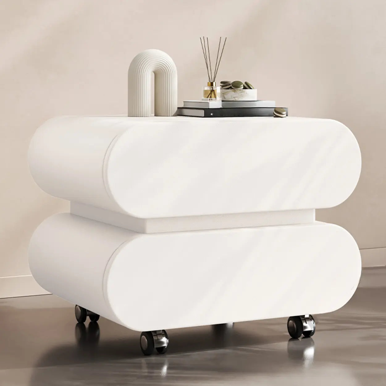 Modern White Wood Rolling Caster Nightstand — Green/ Black