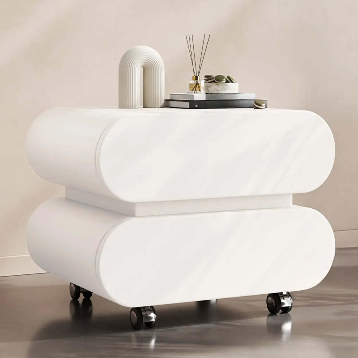 Modern White Wood Rolling Caster Nightstand — Green/ Black